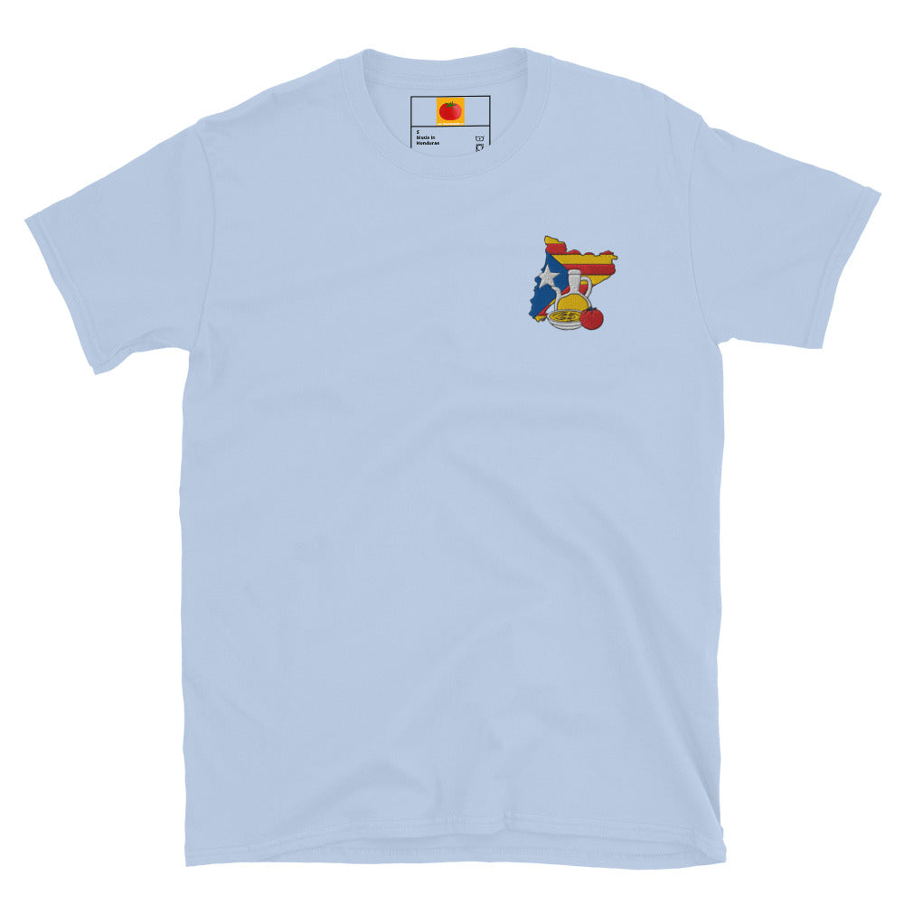 Samarreta brodada amb estelada, tomàquet i setrill – blau cel - Tot Queda en Família