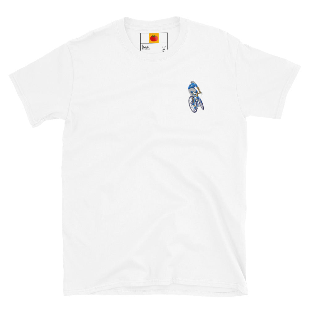 Samarreta ciclista blanc unisex amb brodat ciclista en bici – roba catalana